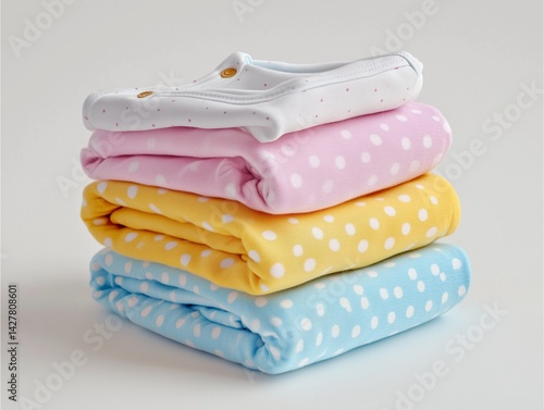 Folded cotton baby clothes on a white seamless background, photorealistic