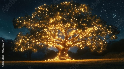 an image of a tree lit up at night with stars in the sky above it