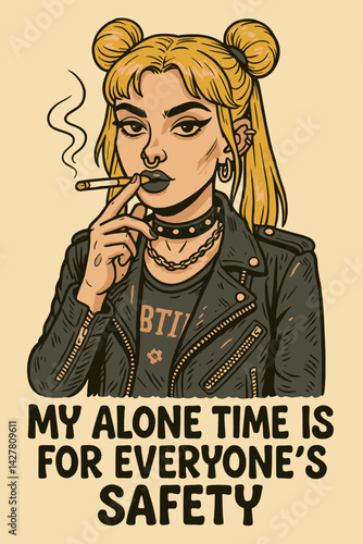 Illustration of Woman Smoking with Pun-inspired Alone Time Message