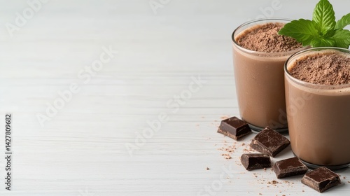 Obraz na płótnie Indulge in rich chocolate mousse served in elegant glasses on a rustic wooden table with space for your favorite text w salonie