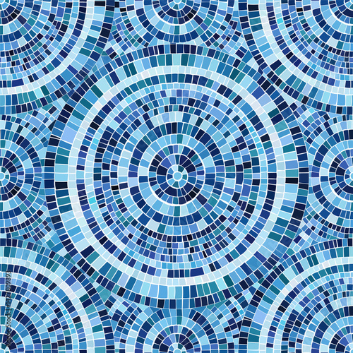Seamless pattern blue Circular Mosaic. Decorative Antique Stone Ornament.
