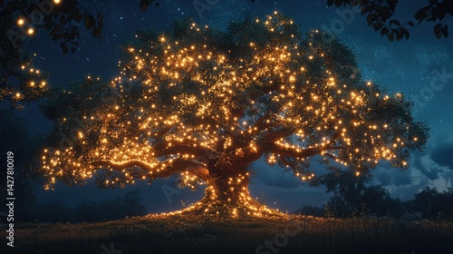 an image of a tree lit up at night with stars in the sky above it
