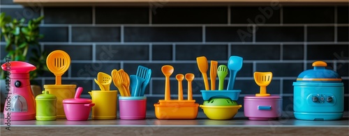 Toy kitchen set with mini utensils, vibrant colors