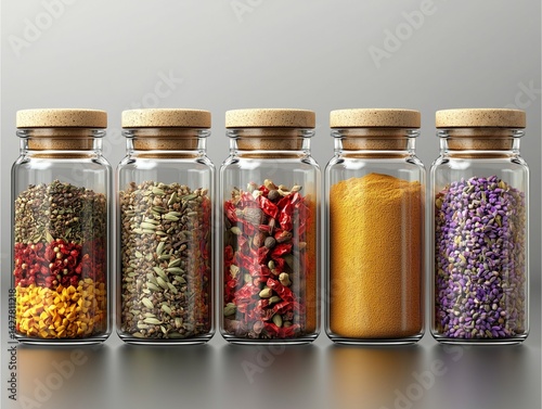 Transparent glass jars with colorful spices, vivid contrast