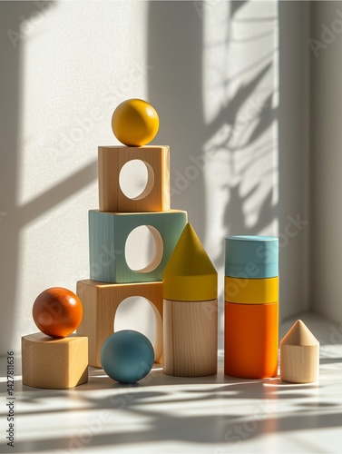Wooden educational toys on a white floor, pastel tones, realistic wood grain