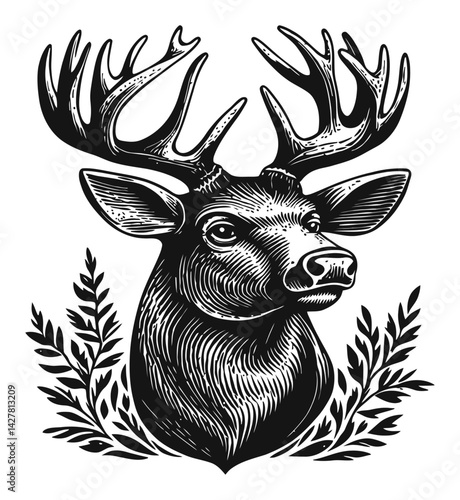Detailed Engraving of a Majestic Deer with Elaborate Antlers