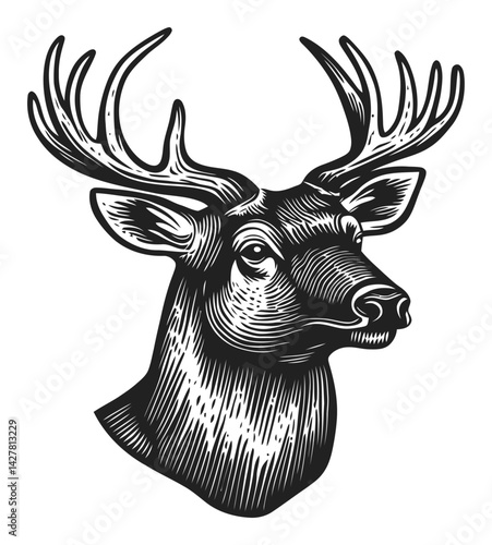 Detailed Black and White Engraving of a Stag with Antlers