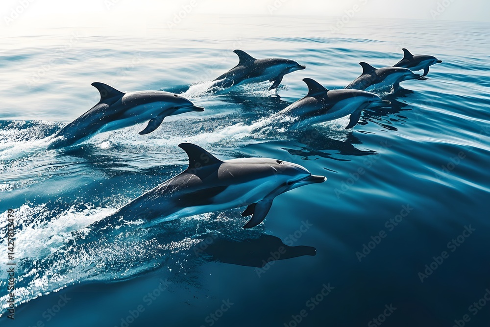 Fototapeta premium Dolphin Group Swimming Freely in Clear Blue Sea