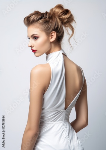 Blonde Woman White Open Back Dress Red Lip Portrait