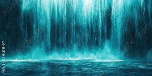 A fantasy landscape featuring an ethereal waterfall glowing in shades of blue and teal.