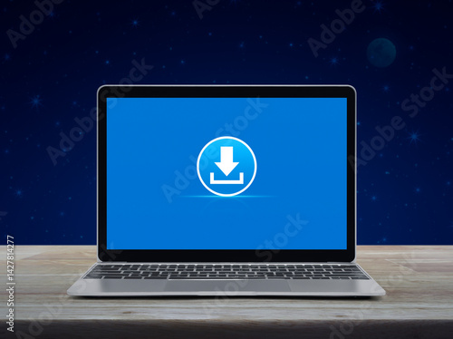 Download flat icon on modern laptop computer monitor screen on wooden table over fantasy night sky and moon, Technology internet online concept
