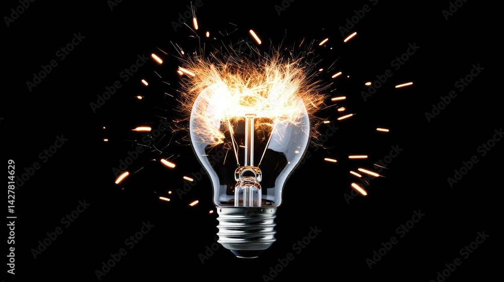 Explosion of lightbulb in electric high-speed burst concept. A light bulb emitting sparks against a dark background. Explosion of lightbulb in electric high-speed burst concept. A light bulb emitting sparks against a dark background.