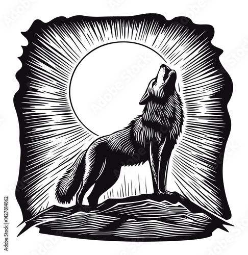 Howling Wolf Engraving with Radiant Sunburst Illustration Design