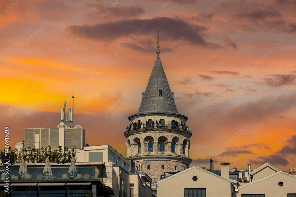 The Galata tower and the old quarters of Istanbul on the background of blue sky. Tourist destination Istanbul Turkey