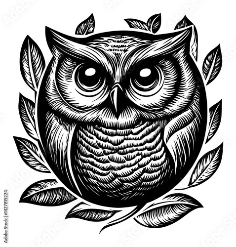 Detailed Black and White Owl Engraving with Leafy Elements