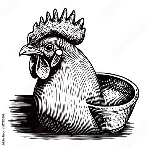 Hand-Engraved Illustration of a Rooster Emerging from a Bowl