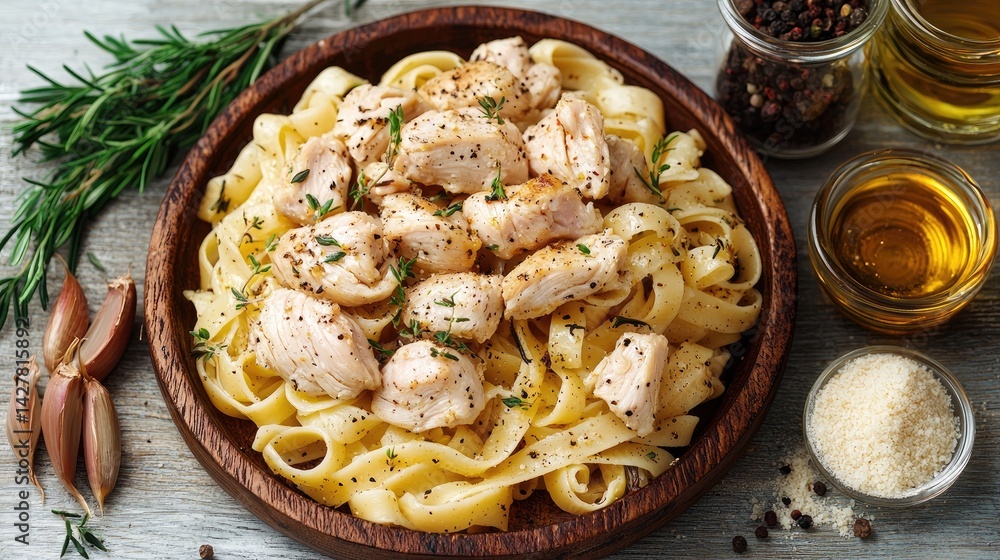 Top View of Delicious Pasta Linguine with Fried Chicken Liver on Rustic Table, Gourmet Delight Top View of Delicious Pasta Linguine with Fried Chicken Liver on Rustic Table, Gourmet Delight