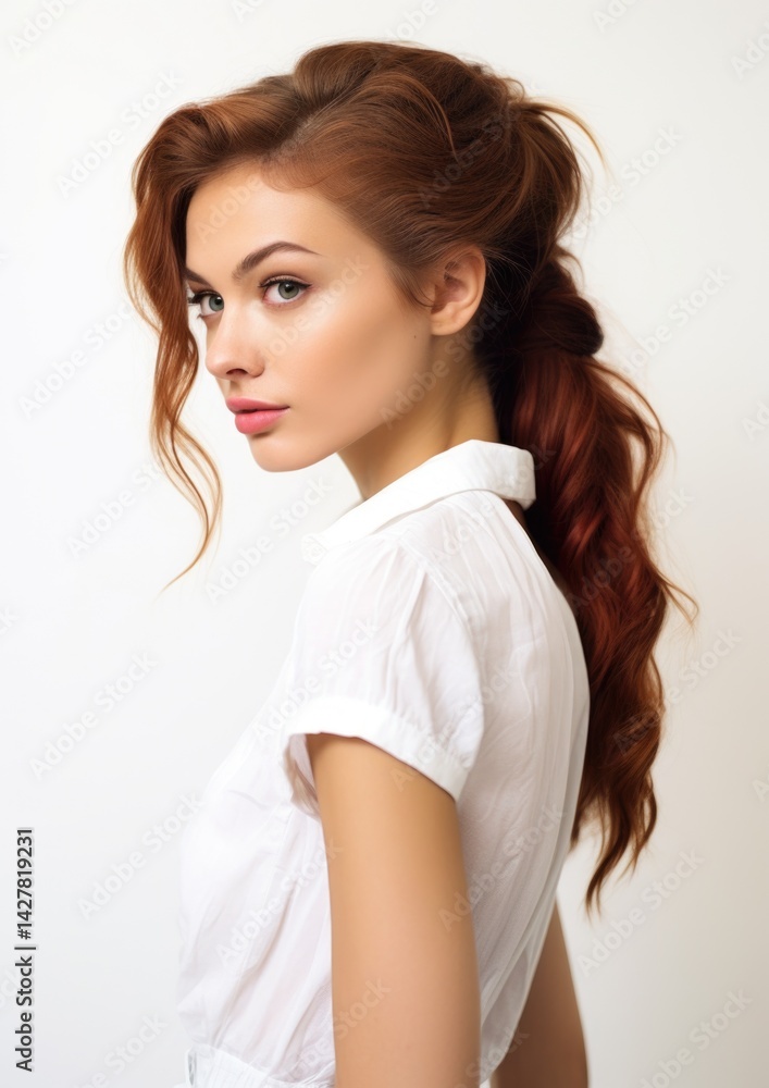 side view beautiful female model in white background side view beautiful female model in white background