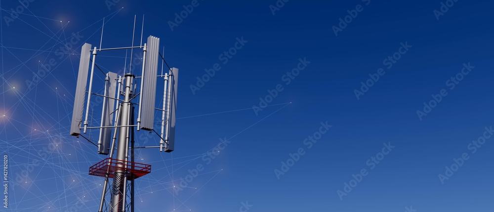 A 5g communication tower with a red and white base