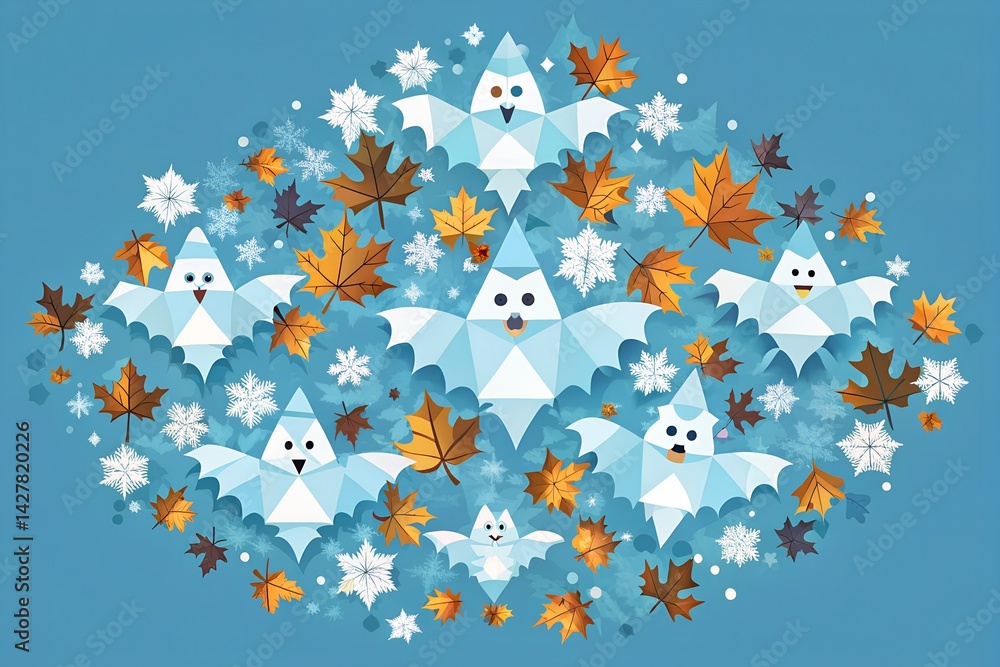 Origami Ice Bats with Autumn Leaves and Snowflakes