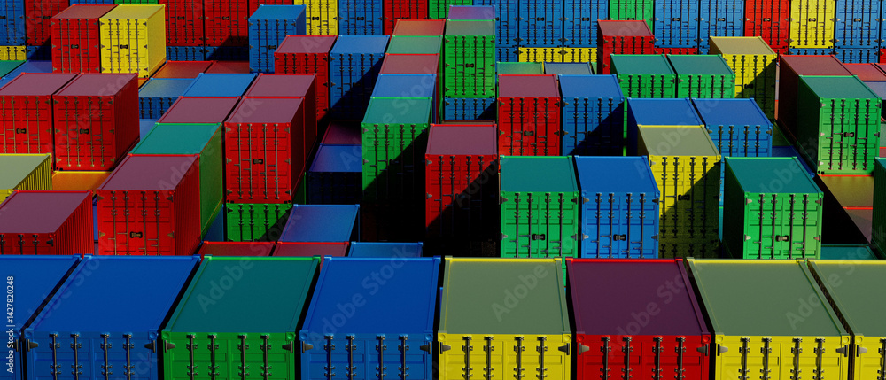 A row of colorful shipping container boxes stacked on top of each other