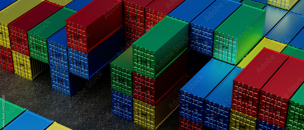 A stack of shipping containers with different colors