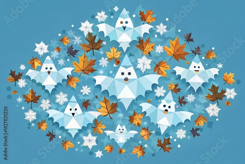 Obraz na płótnie Origami Ice Bats with Autumn Leaves and Snowflakes w salonie