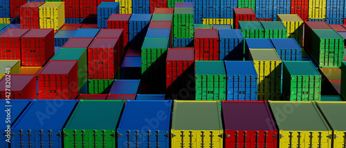A row of colorful shipping container boxes stacked on top of each other
