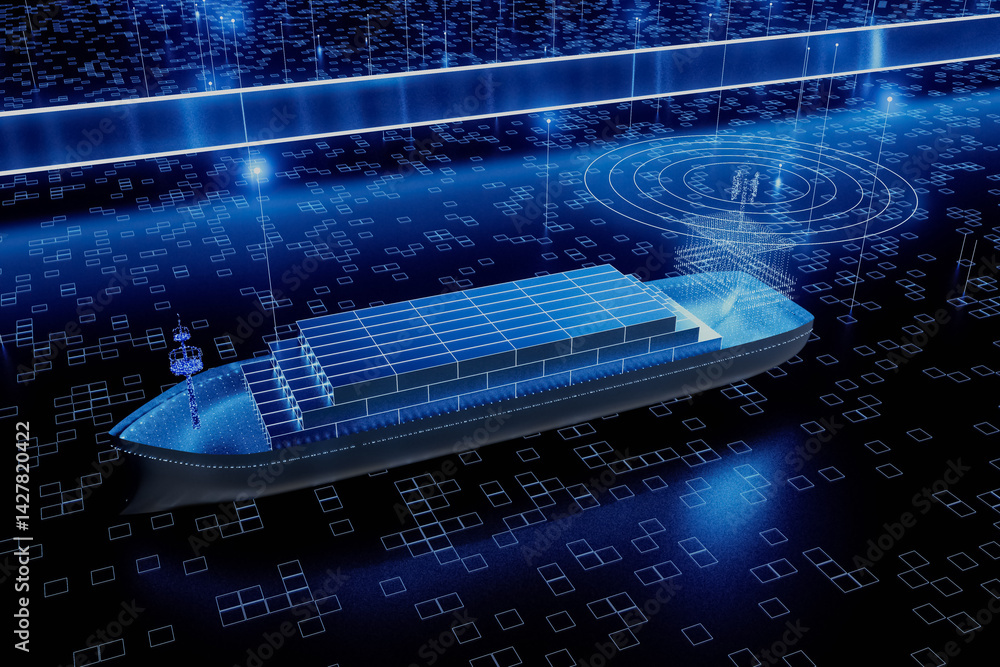 A cargo ship with shipping containers is shown in a blue and white color scheme