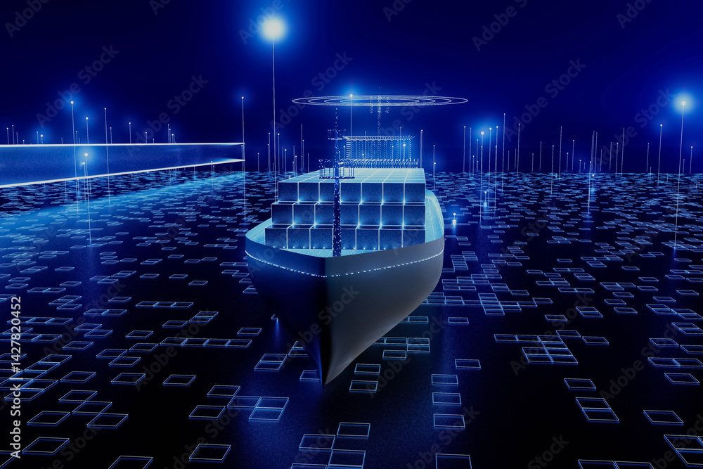 A cargo ship with shipping containers is shown in a blue and white color scheme
