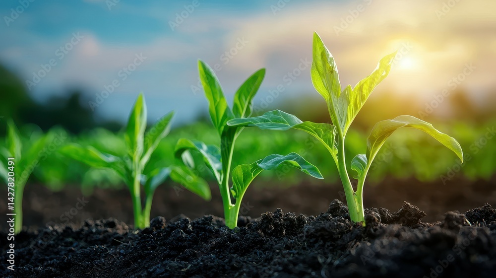Young green plants sprouting in rich soil at sunrise, symbolizing growth and renewal. Young green plants sprouting in rich soil at sunrise, symbolizing growth and renewal.