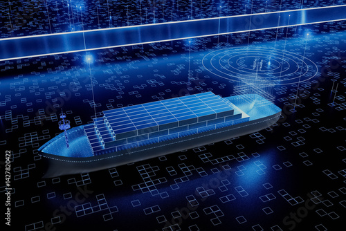 A cargo ship with shipping containers is shown in a blue and white color scheme