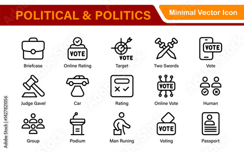 Politics Icon Set. A comprehensive collection of icons representing political themes, perfect for enhancing campaign materials, educational resources, and civic engagement initiatives.