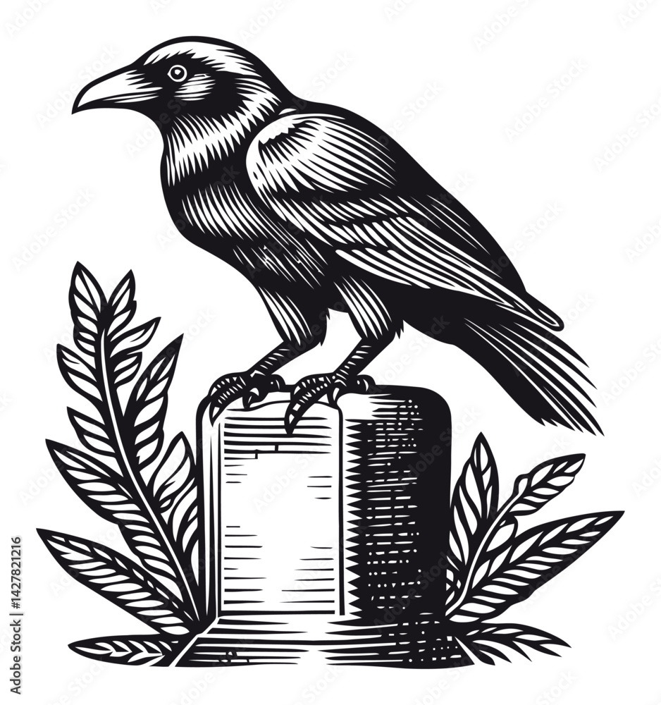 Naklejka premium Intricate Engraving of Raven Perched on Stone with Foliage Design