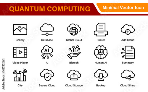Cloud Computing and Quantum Technology Icon Set – Vector, Outline, Minimal, Line, Illustration – AI, Data Science, Blockchain, Cybersecurity, Neural Network