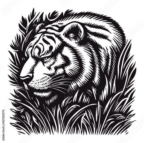 Detailed Engraving Illustration of a Majestic Tiger in Nature