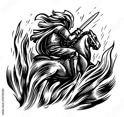 Equestrian Warrior Engraving Illustration in Dynamic Action Scene