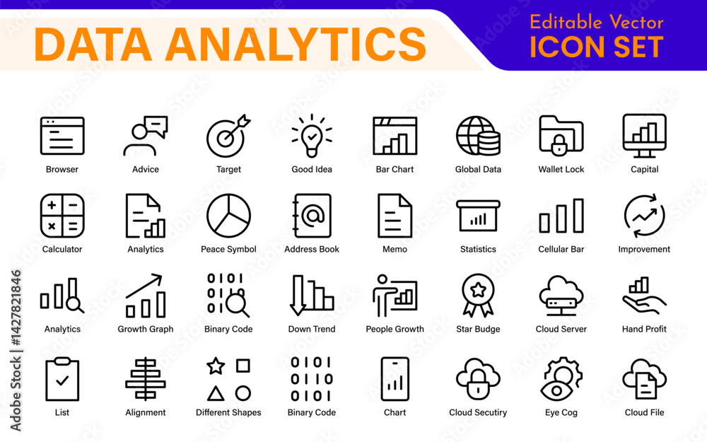 Big Data and Analytics Icon Pack – Cloud, AI, Charts, Visualization, Technology, Dashboard – Vector, Line, Outline, Minimal, Illustration Icons Big Data and Analytics Icon Pack – Cloud, AI, Charts, Visualization, Technology, Dashboard – Vector, Line, Outline, Minimal, Illustration Icons