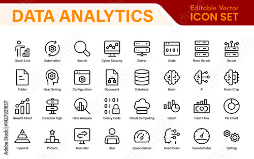 Big Data and Analytics Icon Pack – Cloud, AI, Charts, Visualization, Technology, Dashboard – Vector, Line, Outline, Minimal, Illustration Icons