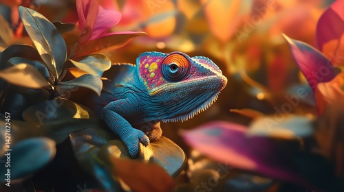 Colorful chameleon camouflaged among vibrant jungle leaves intricate skin patterns shifting under the sunlight ultra HD wildlife macro shot