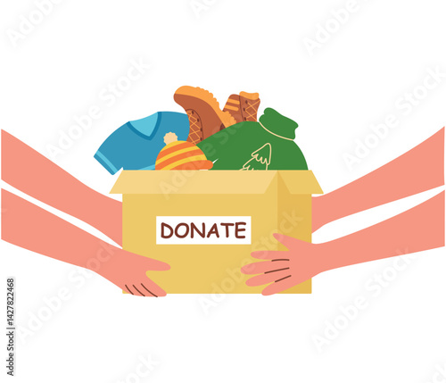 Hands holding a box with clothes for donation. Vector illustration of the concept of second life for clothes, helping those in need. Volunteering.