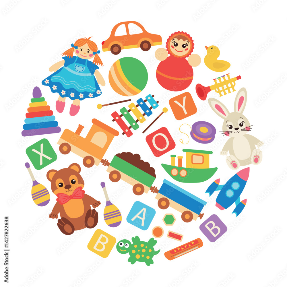 Set of children's toys arranged in a colorful round background Set of children's toys arranged in a colorful round background