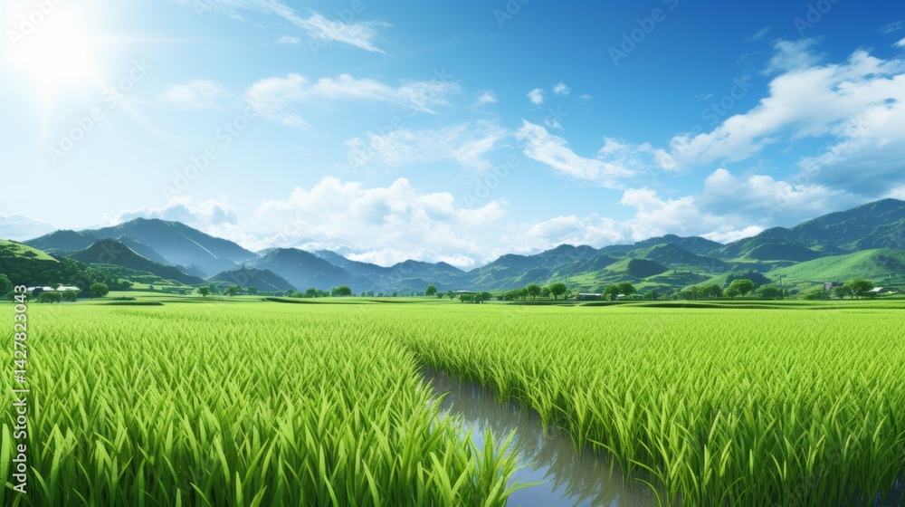 Obraz premium rice field on sunny day. rice field background