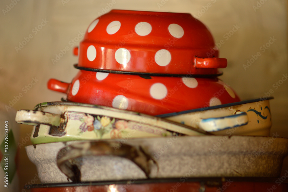 old vintage red polka dot dishes