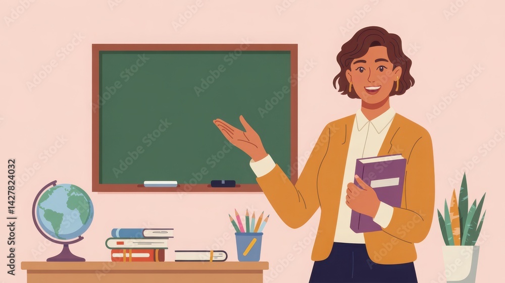 Happy Female Teacher in Classroom with Chalkboard Books and Globe Happy Female Teacher in Classroom with Chalkboard Books and Globe