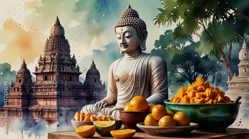 Bihar day watercolor poster illustration with buddha statue and temple.