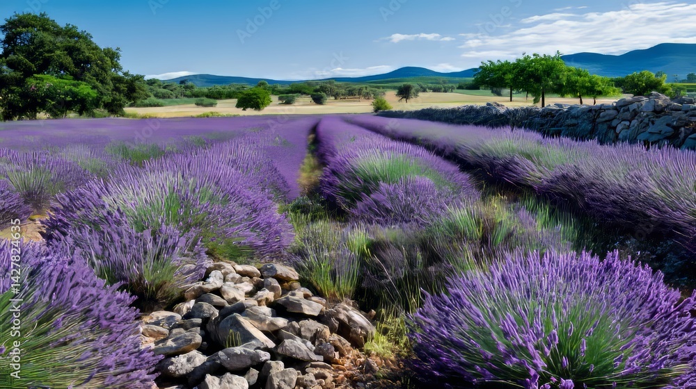 Fototapeta premium Vibrant lavender field in full bloom under a clear sunny sky with a charming stone wall