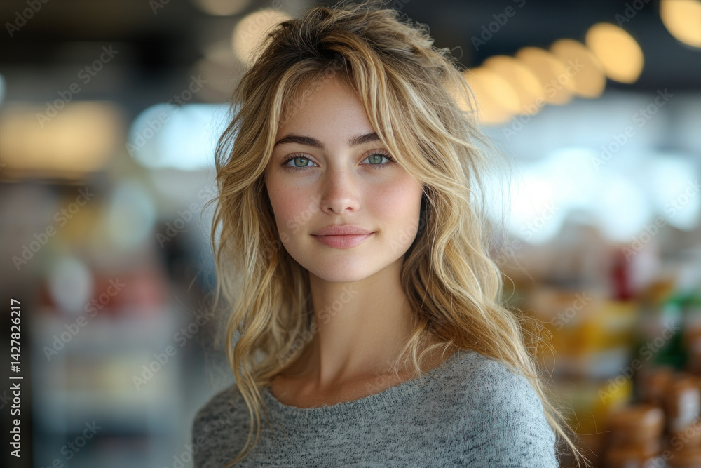 Fototapeta premium Smiling blonde young woman posed naturally with blurred background of indoor lighting