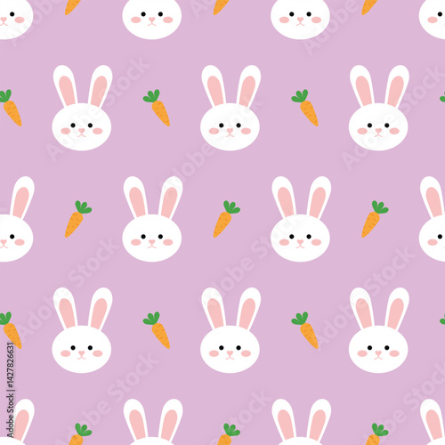 Seamless pattern with cute white rabbits and orange carrots on a light purple background
