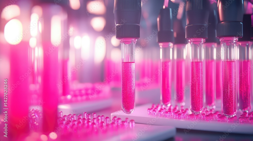 Precision lab setup with rows of pink-filled tubes, dramatic lighting Precision lab setup with rows of pink-filled tubes, dramatic lighting